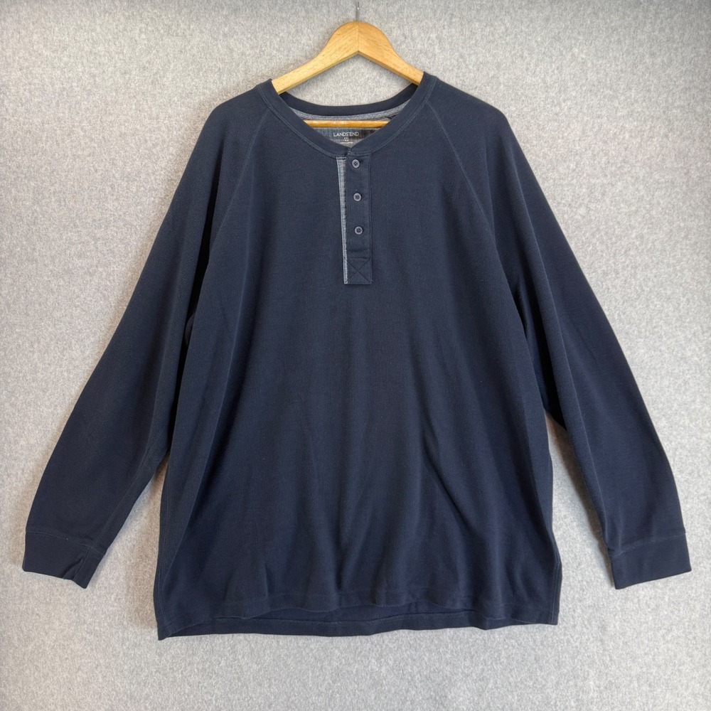 Lands End Long Sleeve Henley Shirt Navy Blue 1/4 Button Casual Top Mens Size XXL